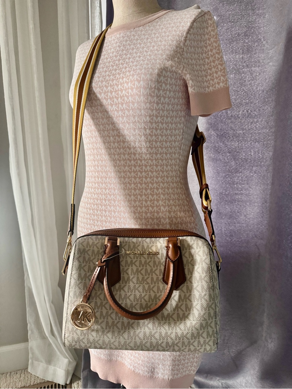 Michael Kors Cream and Brown Logo Dome Satchel with Gold Charm crossbody strap